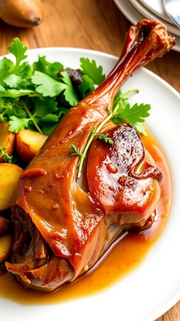 A plate of duck confit with crispy skin, served with roasted potatoes and salad on a rustic table.
